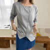 55-100사이즈 빅사이즈 여성 루즈핏 봄 가을 절개 사선 단추 라운드 스판 긴팔 티셔츠