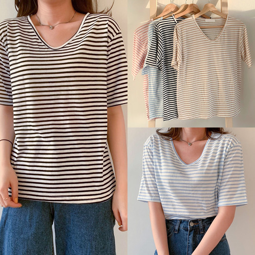 55 66사이즈 여성 루즈핏 브이넥 여름 얇은 스트라이프 기본 반팔 티셔츠
