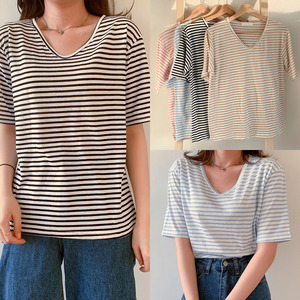 55 66사이즈 여성 루즈핏 브이넥 여름 얇은 스트라이프 기본 반팔 티셔츠