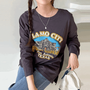 66-110사이즈 빅사이즈 여성 루즈핏 봄 가을 트임 라운드넥 프린팅 긴팔 티셔츠