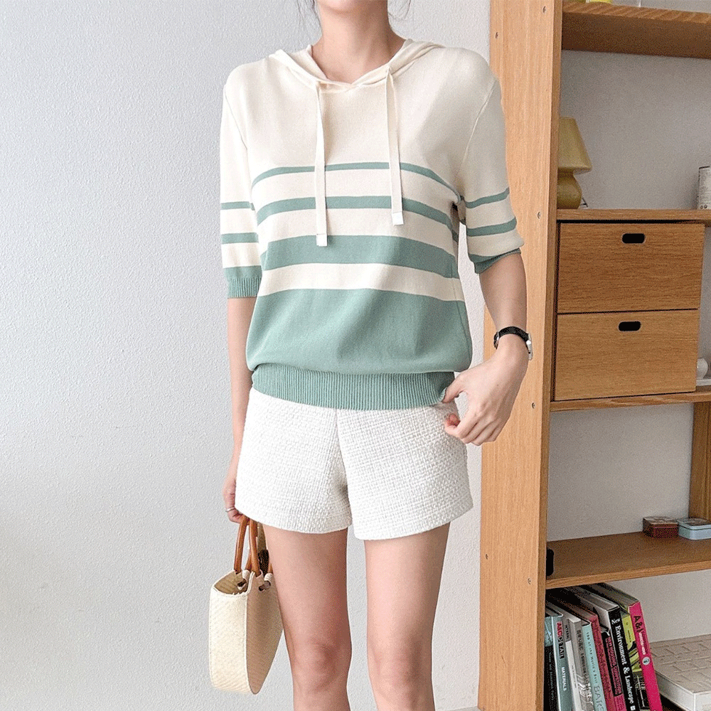 55-77사이즈 루즈핏 여름 여성 반팔 얇은 단가라 스트라이프 후드 티셔츠