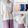 55-88사이즈 빅사이즈 여성 루즈핏 봄 여름 브이넥 얇은 7부소매 금장단추 니트 티셔츠