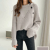 55-99사이즈 빅사이즈 여성 루즈핏 겨울 도톰 사선 단추 라운드 긴팔 니트 티셔츠