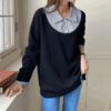 66-120사이즈 빅사이즈 여성 루즈핏 봄 가을 카라 스트라이프 배색 셔츠 스판 티셔츠