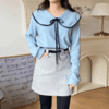 66-120사이즈 빅사이즈 여성 루즈핏 가을 겨울 배색 끈 스판 카라 블라우스 티셔츠