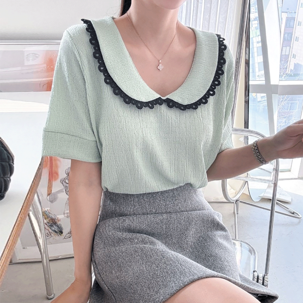 66-120사이즈 빅사이즈 여성 루즈핏 여름 스판 레이스 반팔 티셔츠 카라 블라우스